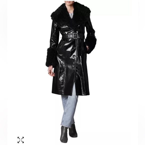 Avec Les Filles Patent Faux Fur Trimmed Trench Coat Size Large - Picture 2 of 9